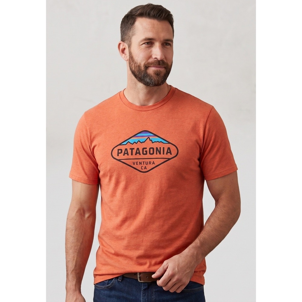 Patagonia T-Shirt Mens Large Orange Slim Fit Organic Cotton Blend Graphic Tee